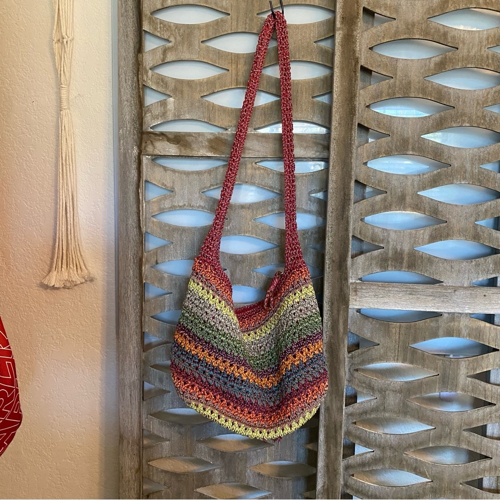The Sak Red and Yellow Crochet Shoulder Bag with Zigzag Pattern